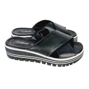 Gabor SZ US 8 Black & White Cross-Strap Platform Leather Slide Sandals NWOT